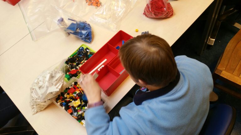 Jonge man in blauw vest is lego aan het sorteren