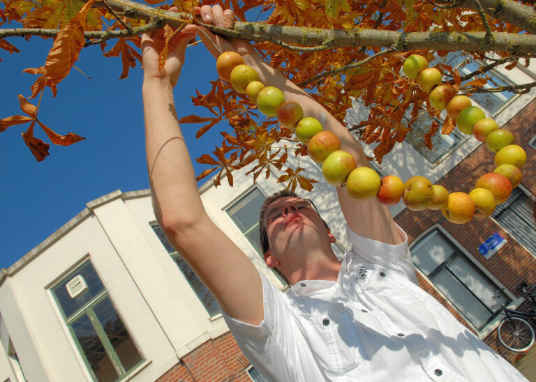 Jong man hangt appels in een boom