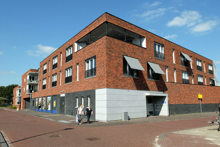 Groot vierkant gebouw met appartementen. Lidl posters op de zijkant