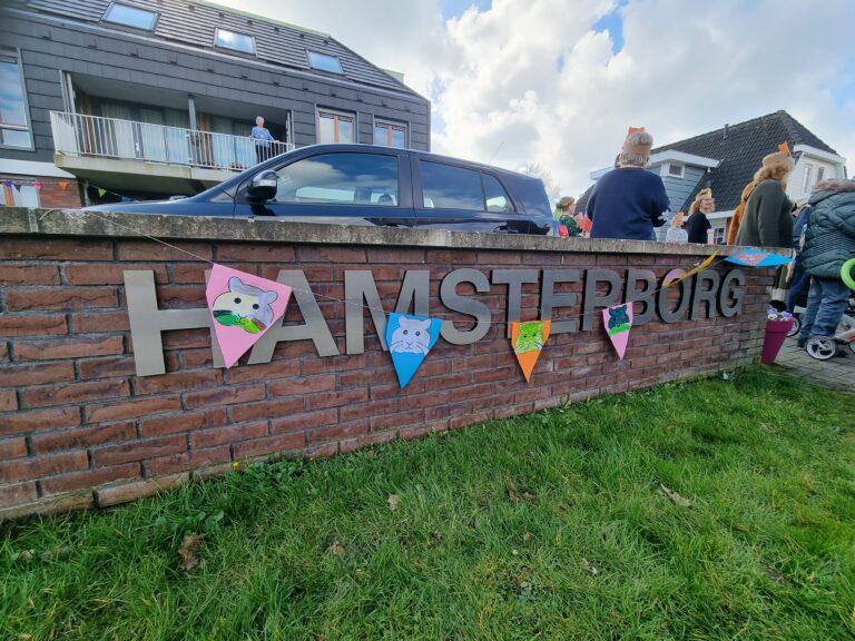 Muur met daarop de letters Hamsterborg en vrolijke vlaggetjes ervoor langs