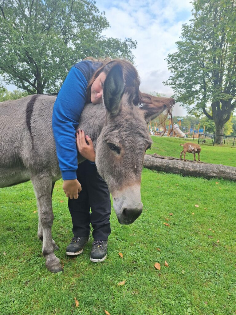 Meisje in blauw jack leunt over ezel