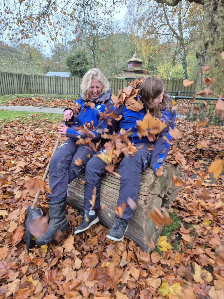 Twee jonge vrouwen in werkkleding hebben lol met opwaaiende bladeren