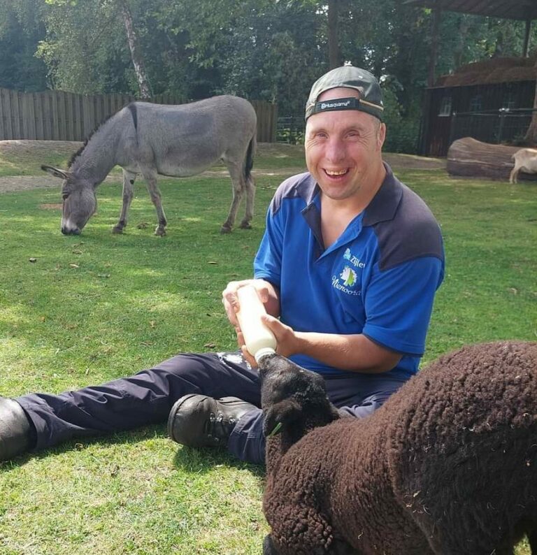 Lachende jonge man met pet achterstevoren geeft lammetje melk met de fles