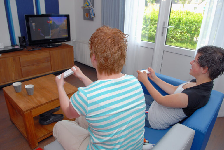 2 jongeren aan het gamen op een televisie
