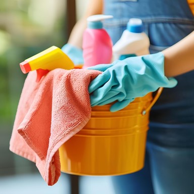 Iemand met huishoudhandschoenen emmer met doekjes en schoonmaakmiddelen