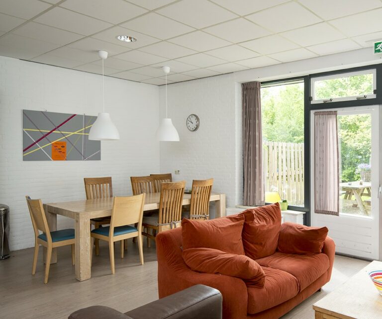 Woonkamer met grote eettafel met 7 stoelen en een oranje bank