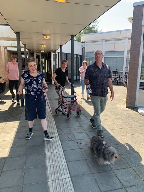 Vrouw wandelt met een langharig hondje over een voetpad een man loopt ernaast en 3 vrouwen erachter